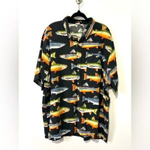 Vintage Angelica Trout Fish Shirt Size XXL Black All Over Print Button Up 2XL‎